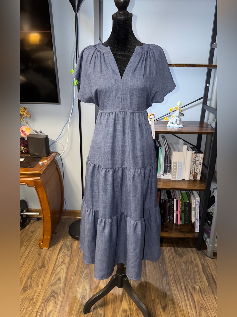 Emma & Michele Chambray-Style Tiered Maxi Dress in Blue